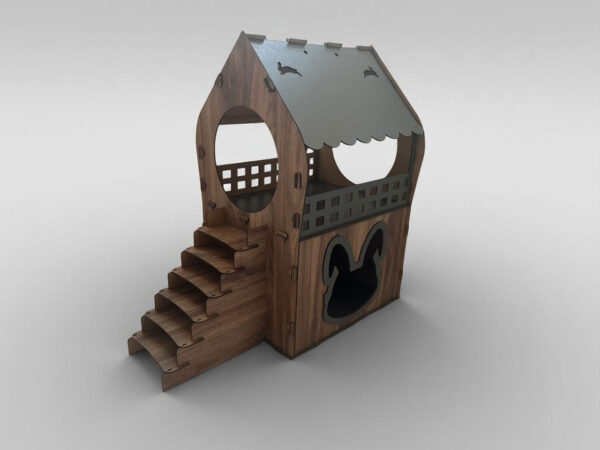 premium tavşan xl evi ahşap mdf 2 katlı merdivenli samanlıklı 66x68x38cm