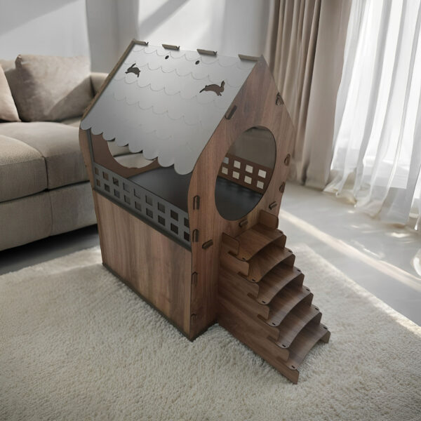 premium tavşan xl evi ahşap mdf 2 katlı merdivenli samanlıklı 66x68x38cm