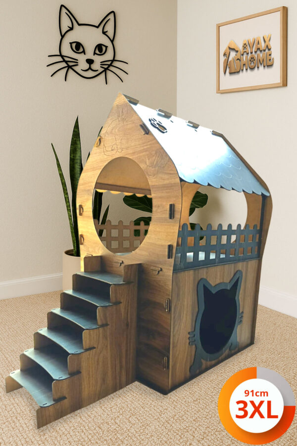 3xl kedi evi – kahverengi antrasit, merdivenli, İki katlı mdf, 91×92×52 cm