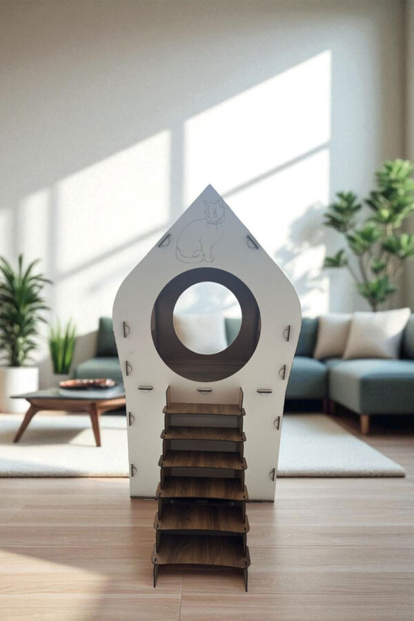 xl kedi evi ahşap mdf 2 katlı merdivenli 66x68x38cm