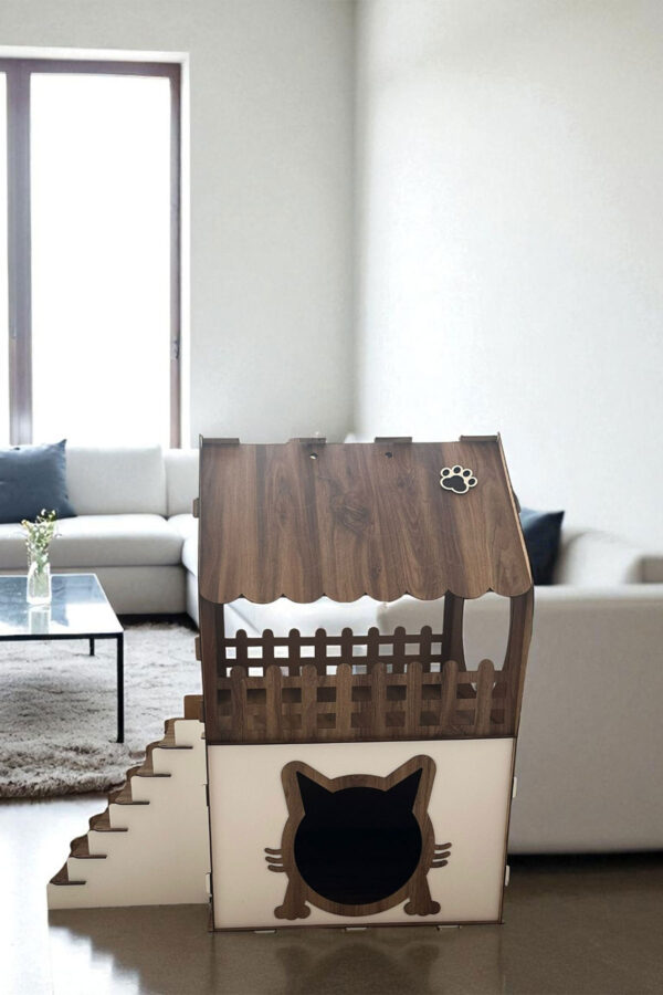 xl kedi evi ahşap mdf 2 katlı merdivenli 66x68x38cm