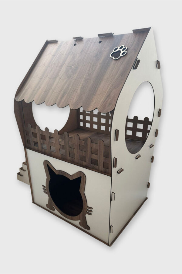 xl kedi evi ahşap mdf 2 katlı merdivenli 66x68x38cm