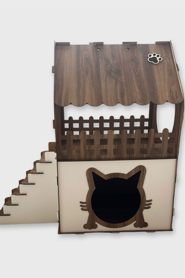 xl kedi evi ahşap mdf 2 katlı merdivenli 66x68x38cm