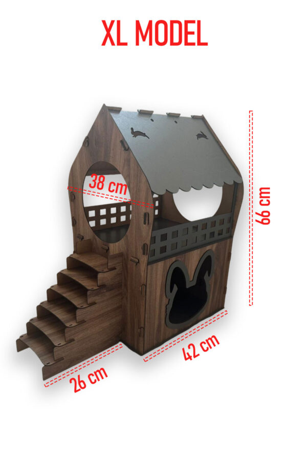 premium tavşan xl evi ahşap mdf 2 katlı merdivenli samanlıklı 66x68x38cm