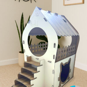 xl kedi evi ahşap mdf 2 katlı merdivenli 66x68x38cm