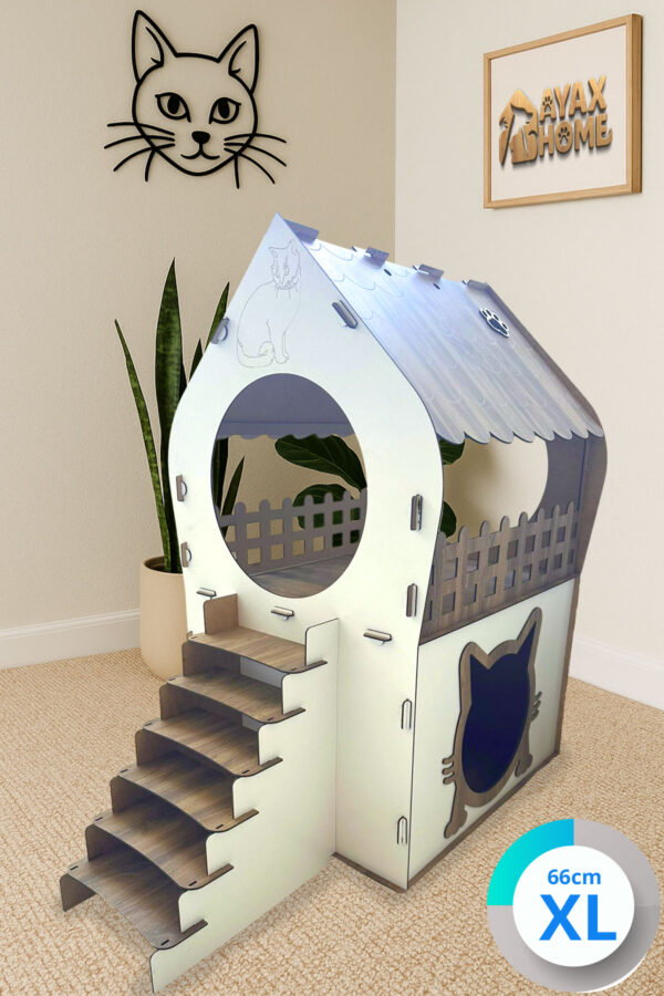 xl kedi evi ahşap mdf 2 katlı merdivenli 66x68x38cm