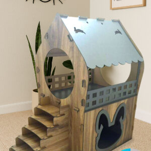 premium tavşan xl evi ahşap mdf 2 katlı merdivenli samanlıklı 66x68x38cm