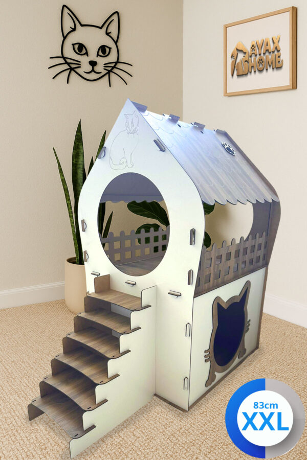 xxl kedi evi – beyaz kahverengi, merdivenli, İki katlı mdf, 83×81×40 cm