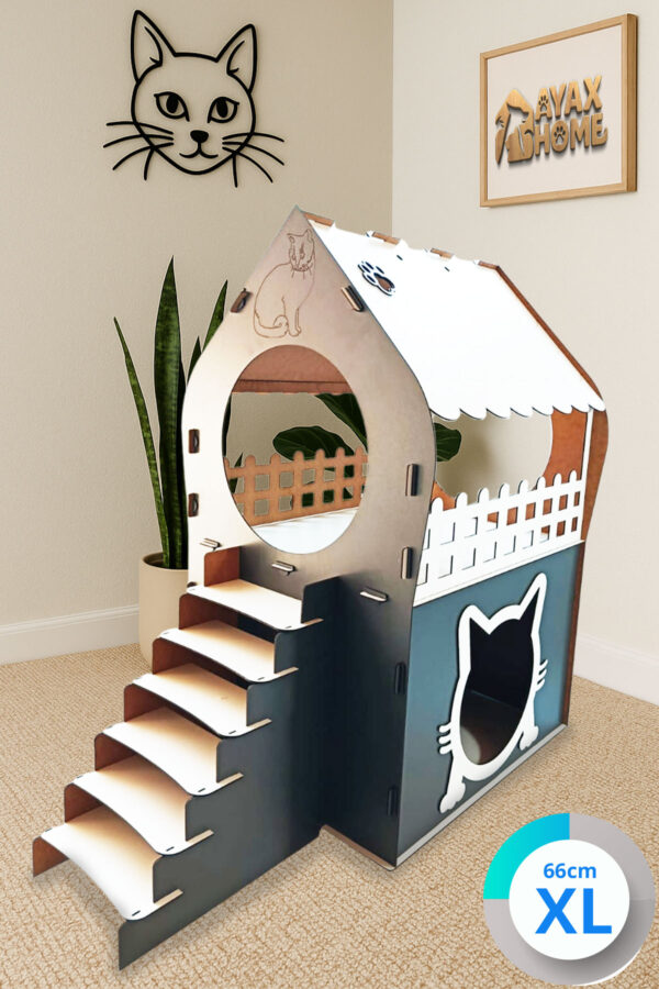 xl kedi evi ahşap mdf 2 katlı merdivenli 66x68x38cm