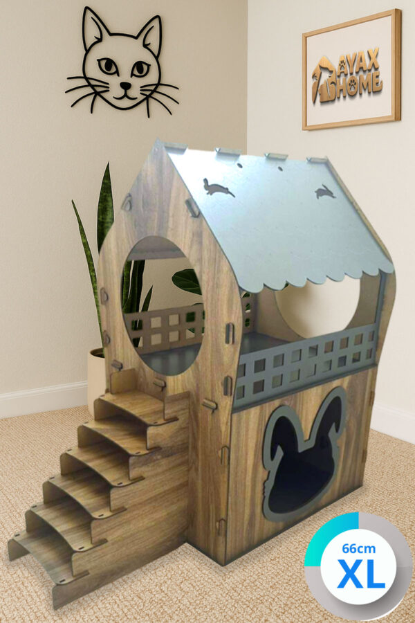 premium tavşan xl evi ahşap mdf 2 katlı merdivenli samanlıklı 66x68x38cm