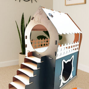 3xl kedi evi – beyaz antrasit, merdivenli, İki katlı mdf, 91×92×52 cm