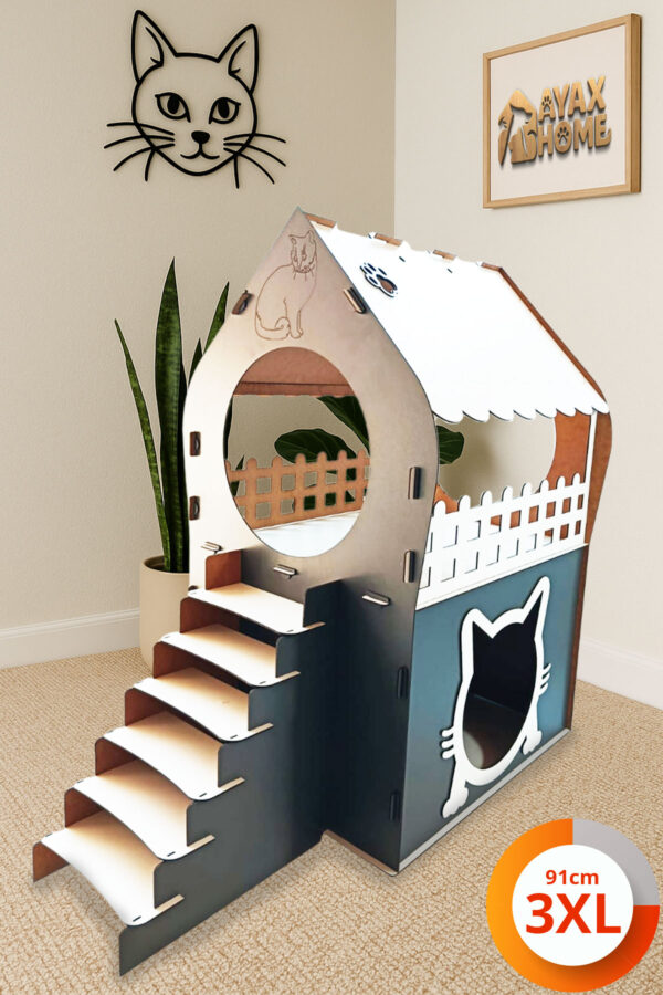 3xl kedi evi – beyaz antrasit, merdivenli, İki katlı mdf, 91×92×52 cm
