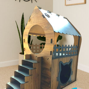 xl kedi evi – kahverengi antrasit, merdivenli, İki katlı mdf, 66×68×38 cm