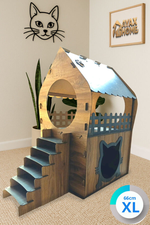 xl kedi evi – kahverengi antrasit, merdivenli, İki katlı mdf, 66×68×38 cm