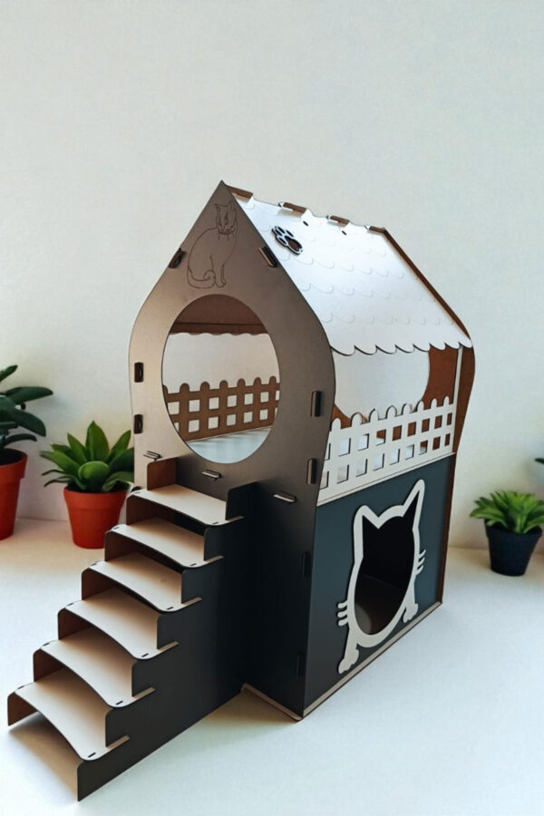 xl kedi evi ahşap mdf 2 katlı merdivenli 66x68x38cm