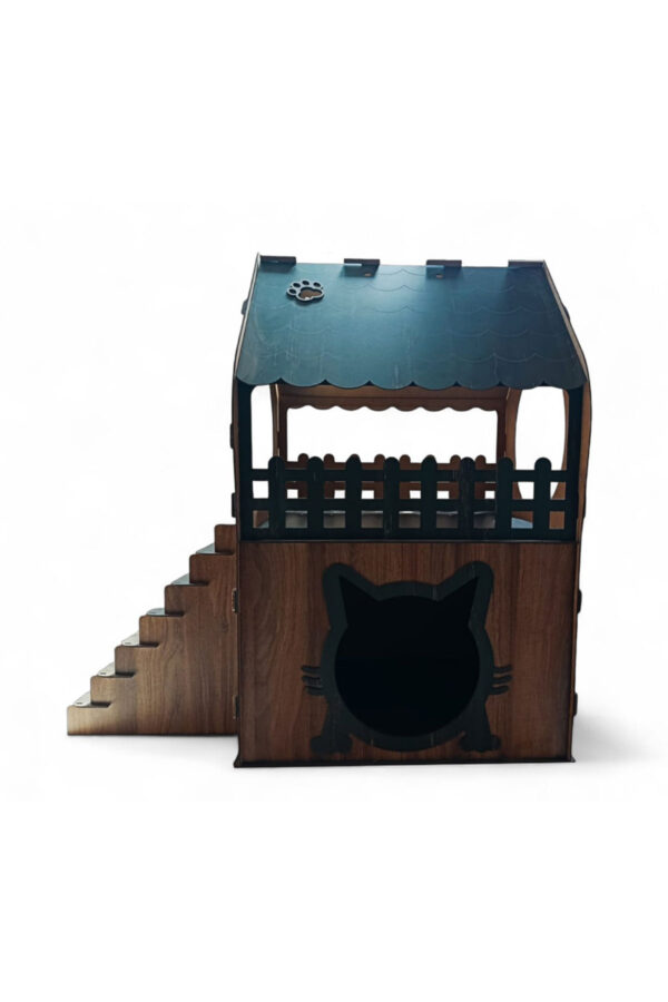 xl kedi evi – kahverengi antrasit, merdivenli, İki katlı mdf, 66×68×38 cm