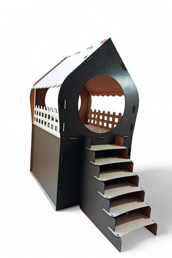 xl kedi evi ahşap mdf 2 katlı merdivenli 66x68x38cm