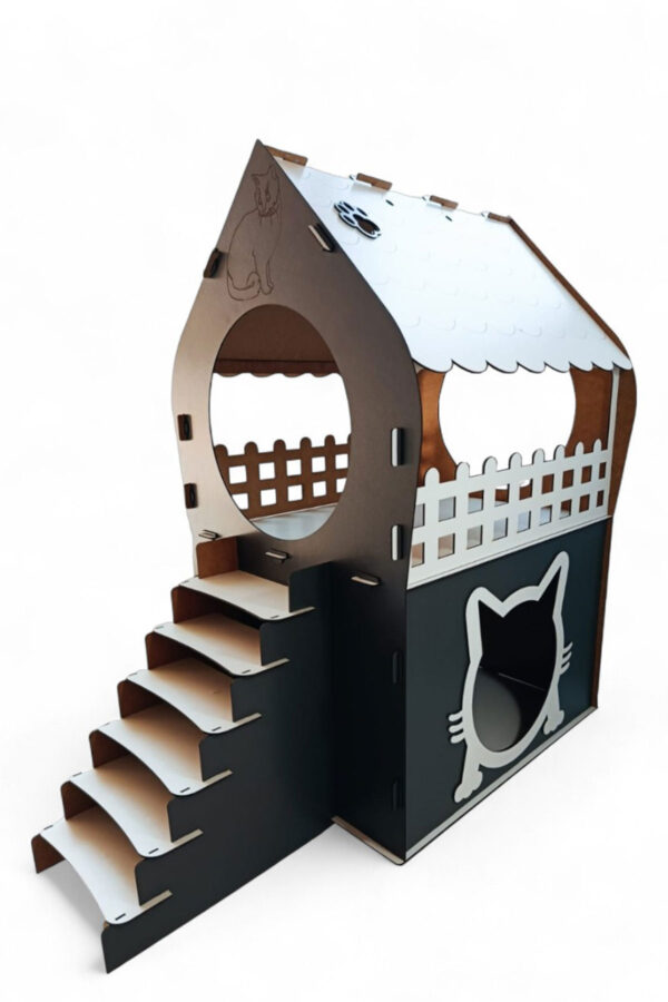 xl kedi evi ahşap mdf 2 katlı merdivenli 66x68x38cm