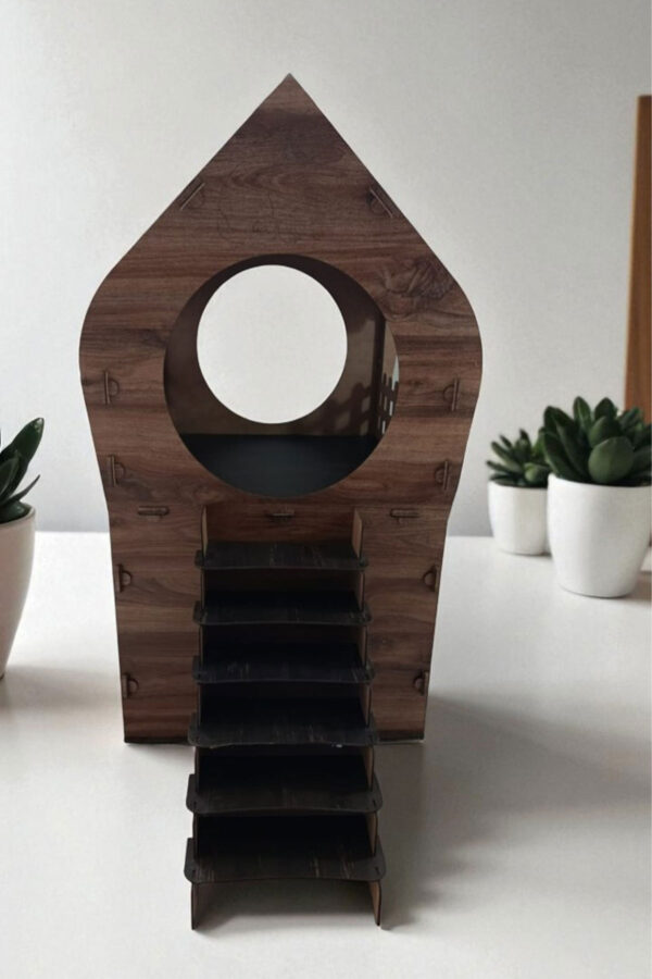 xl kedi evi – kahverengi antrasit, merdivenli, İki katlı mdf, 66×68×38 cm
