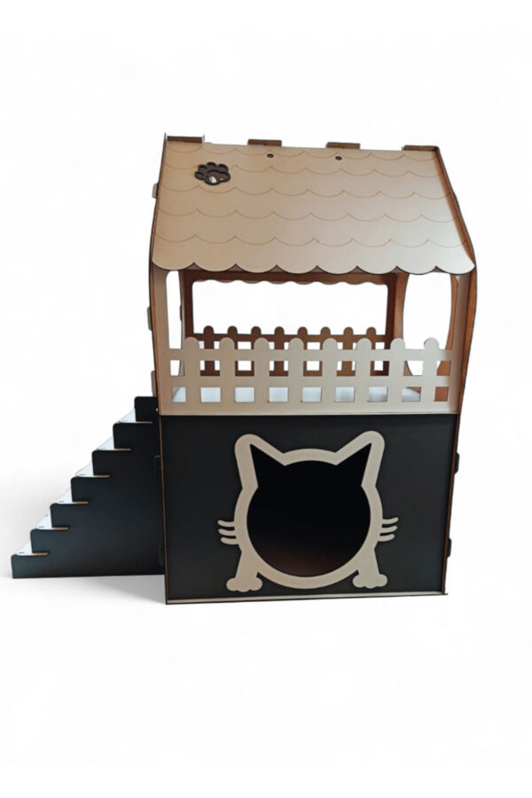 xl kedi evi ahşap mdf 2 katlı merdivenli 66x68x38cm