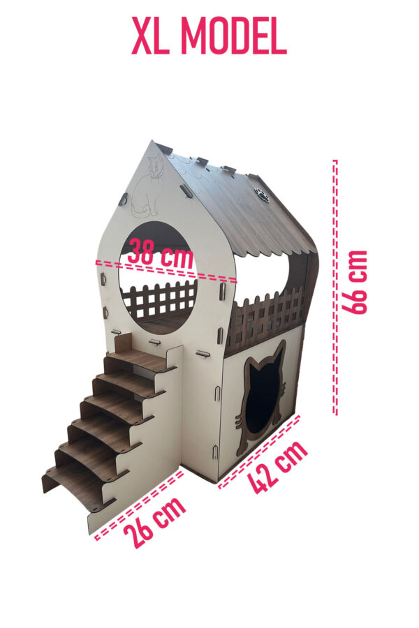 xl kedi evi ahşap mdf 2 katlı merdivenli 66x68x38cm