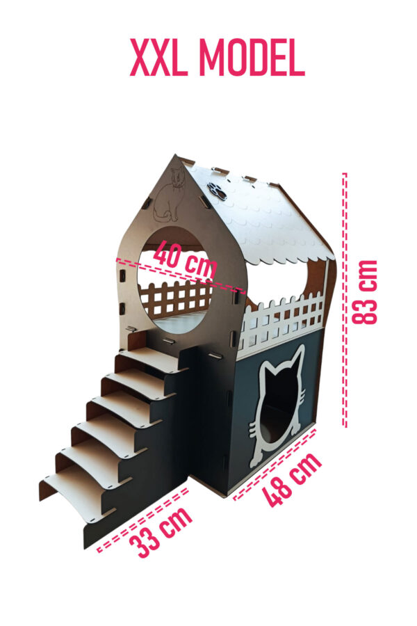 xxl kedi evi – beyaz antrasit, merdivenli, İki katlı mdf, 83×81×40 cm