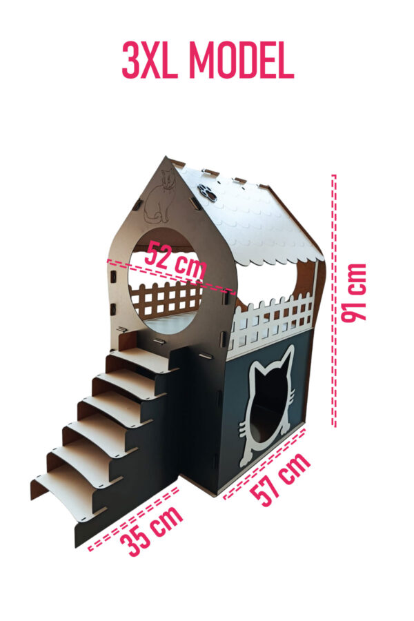 3xl kedi evi – beyaz antrasit, merdivenli, İki katlı mdf, 91×92×52 cm