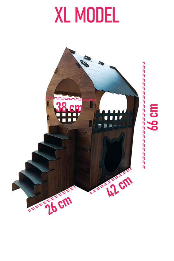 xl kedi evi – kahverengi antrasit, merdivenli, İki katlı mdf, 66×68×38 cm