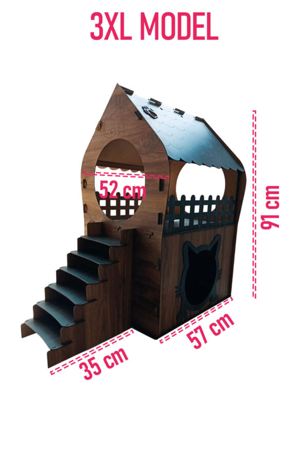 3xl kedi evi – kahverengi antrasit, merdivenli, İki katlı mdf, 91×92×52 cm