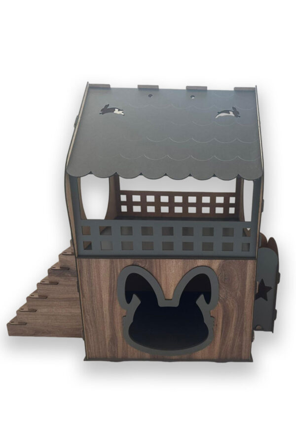 premium tavşan xl evi ahşap mdf 2 katlı merdivenli samanlıklı 66x68x38cm