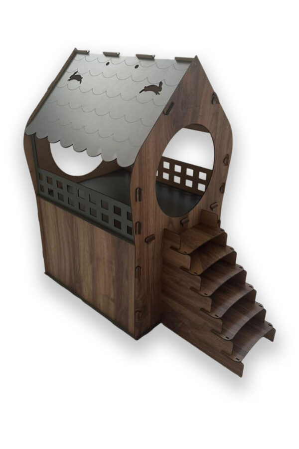 premium tavşan xl evi ahşap mdf 2 katlı merdivenli samanlıklı 66x68x38cm