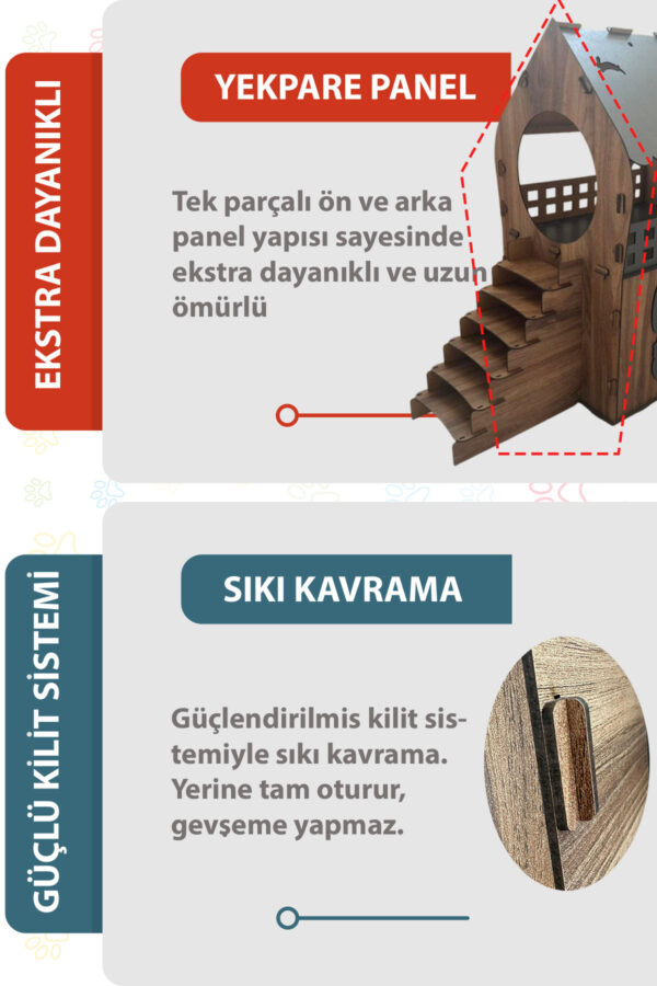 xl kedi evi – kahverengi antrasit, merdivenli, İki katlı mdf, 66×68×38 cm